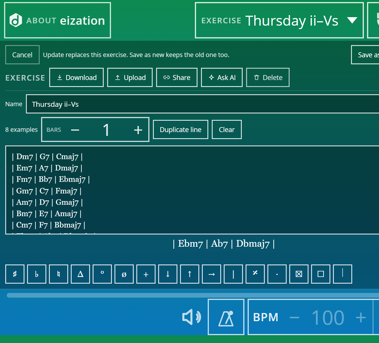eization Edit on a tablet: exercise named Thursday ii–Vs with eight ii–V examples, one per line
